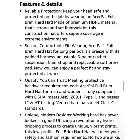 ACERPAL Full Brim Vented Red Finish Construction Hard Hat Work OSHA Approved - Picture 12 of 12